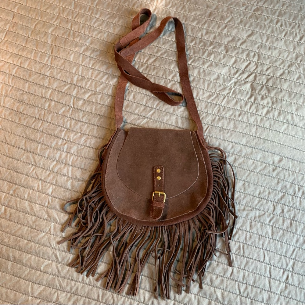 Brown Suede Leather Fringe Boho Purse